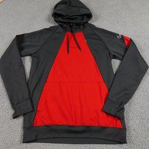 NIKE Dri Fit Hoodie Womens Medium Gray Red Hooded Sweater Drawstring Zip Pocket